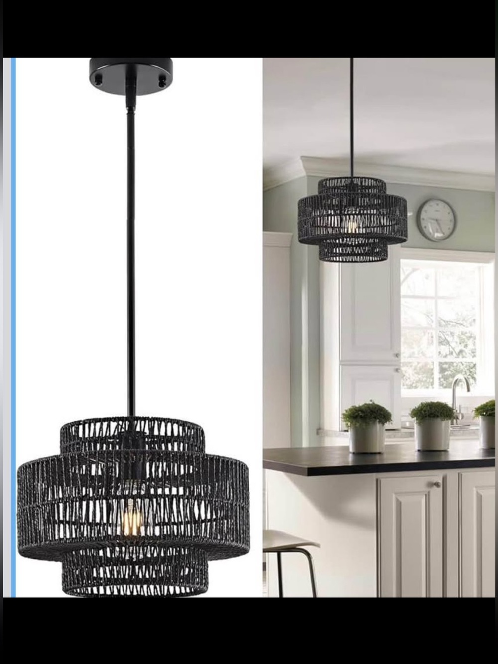 NIB 12.4” Black Boho Rattan Chandelier Light Fixture, 1-Light Hand Woven Pendant
